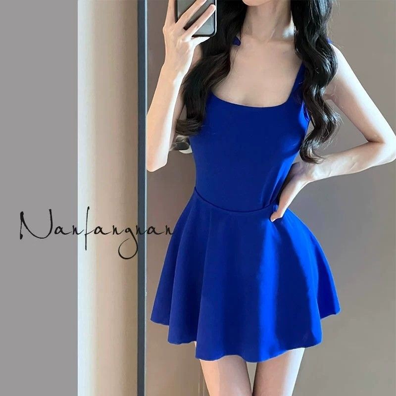 Shen Mengchen Same Style Swimsuit Women's 2025 New One-piece Belly-covering Slimming Beautiful Hot Spring Blue Vacation Swimsuit