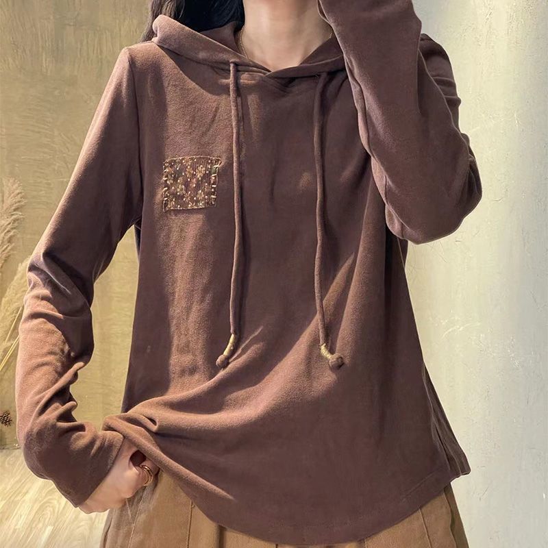 Vintage Artistic German Velvet Autumn/Winter Hooded Long Sleeve Base Shirt for Women 2022 Soft Versatile Casual Sweatshirt Top