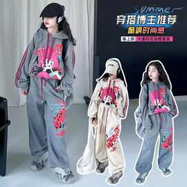 网红女童韩版洋气套装中大童春秋新款卡通连帽卫衣休闲长裤两件套
