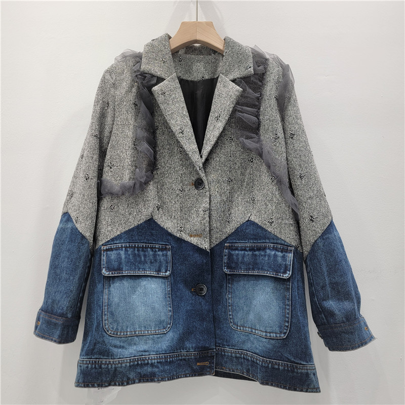 Saco Formal de Mezclilla con Malla para Mujer con Cuello de Solapa