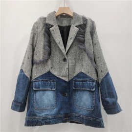 美式休闲复古做旧牛仔网纱拼接西装外套新宽松显瘦慵懒高街女潮