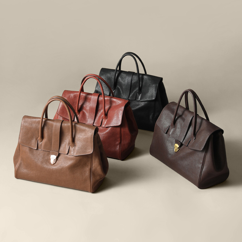Women's Genuine Leather Handheld Briefcase Retro Large Capacity Commuter Top Grain Vegetable Tanned Cowhide Bag