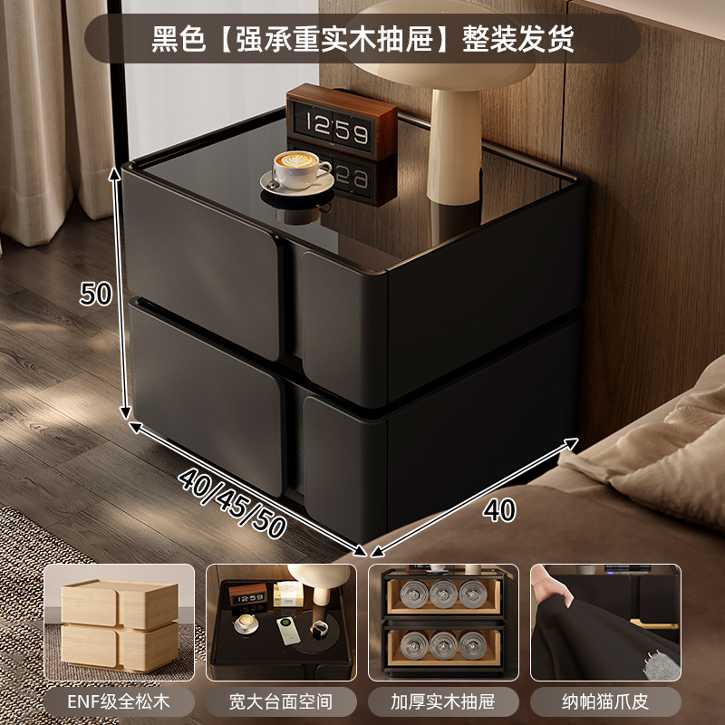 Mesita de noche negra 2025 estilo explosivo, lujo ligero, sentido de alta gama, sentido de diseño de dormitorio en casa, madera maciza de nicho con luz inteligente