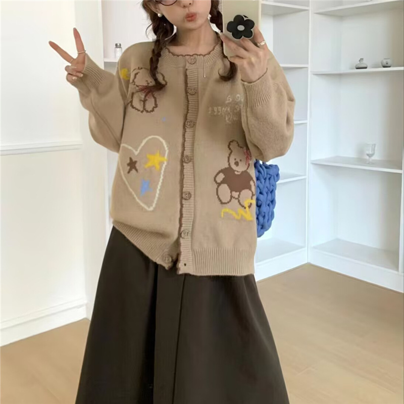 可爱卡通提花针织开衫外套女秋冬韩系学院风宽松毛衣外穿百搭女潮|undefined