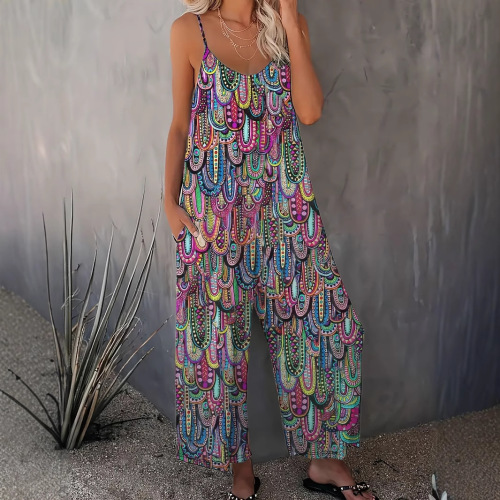 Women's Printed Sleeveless Bodysuit for Spring and Summer Fashion - Casual Long Pants with Bustier Top - One Size, Same Color