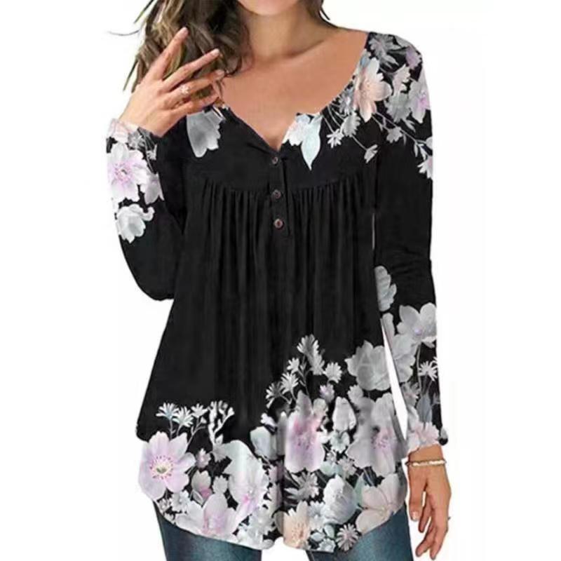 Women's autumn new slim round neck button pattern T-shirt_voghion.com