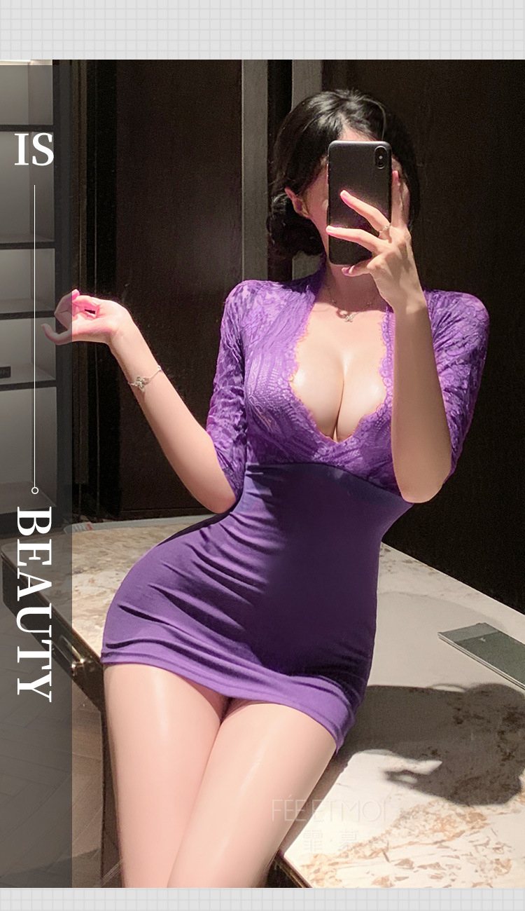 Feimu Deep V Lace See-Through Secretary Costume with Hip Skirt, Thong and Tights — detail image 28