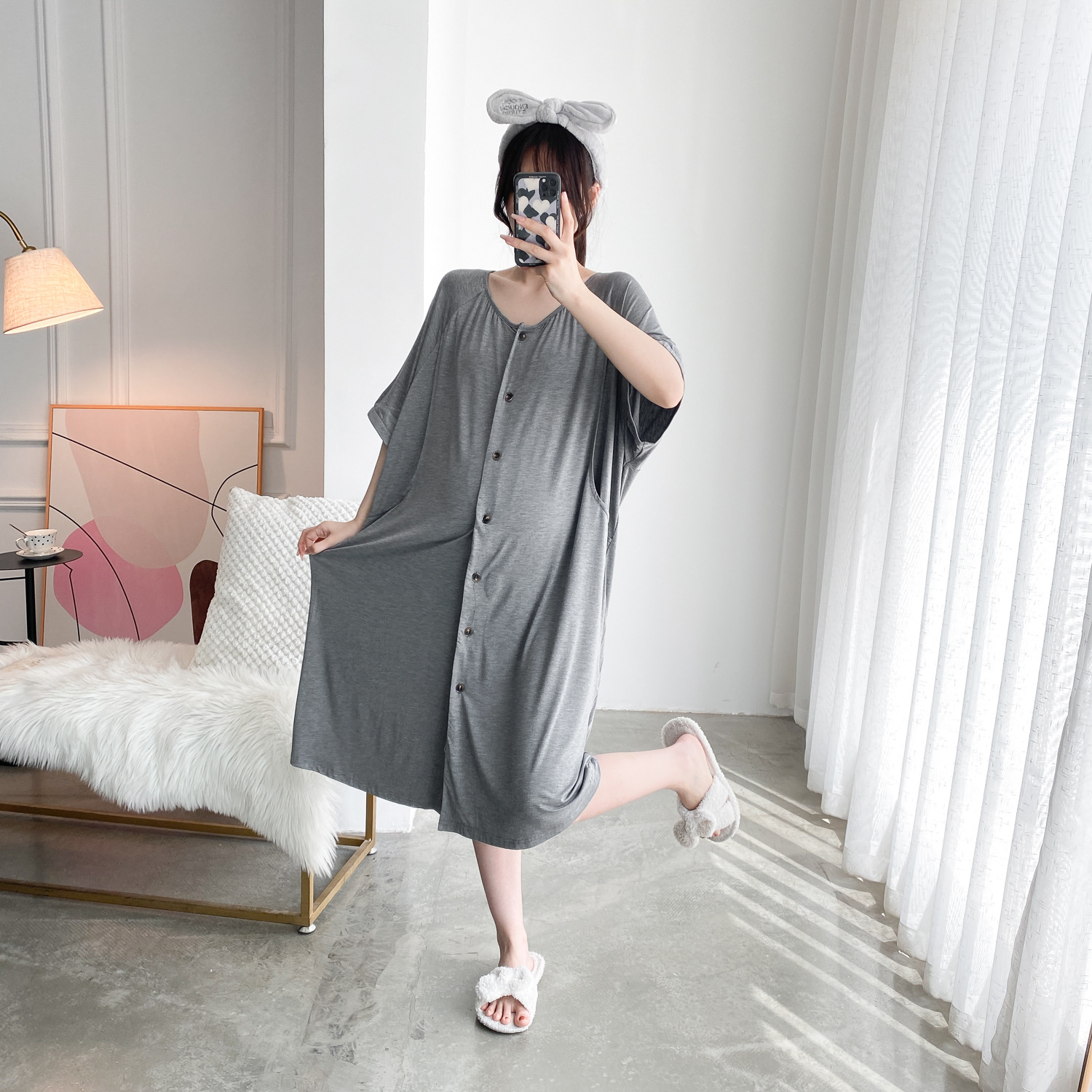 哺乳睡衣夏装大码200斤孕妇哺乳产后开衫睡裙家居服夏季莫代尔棉