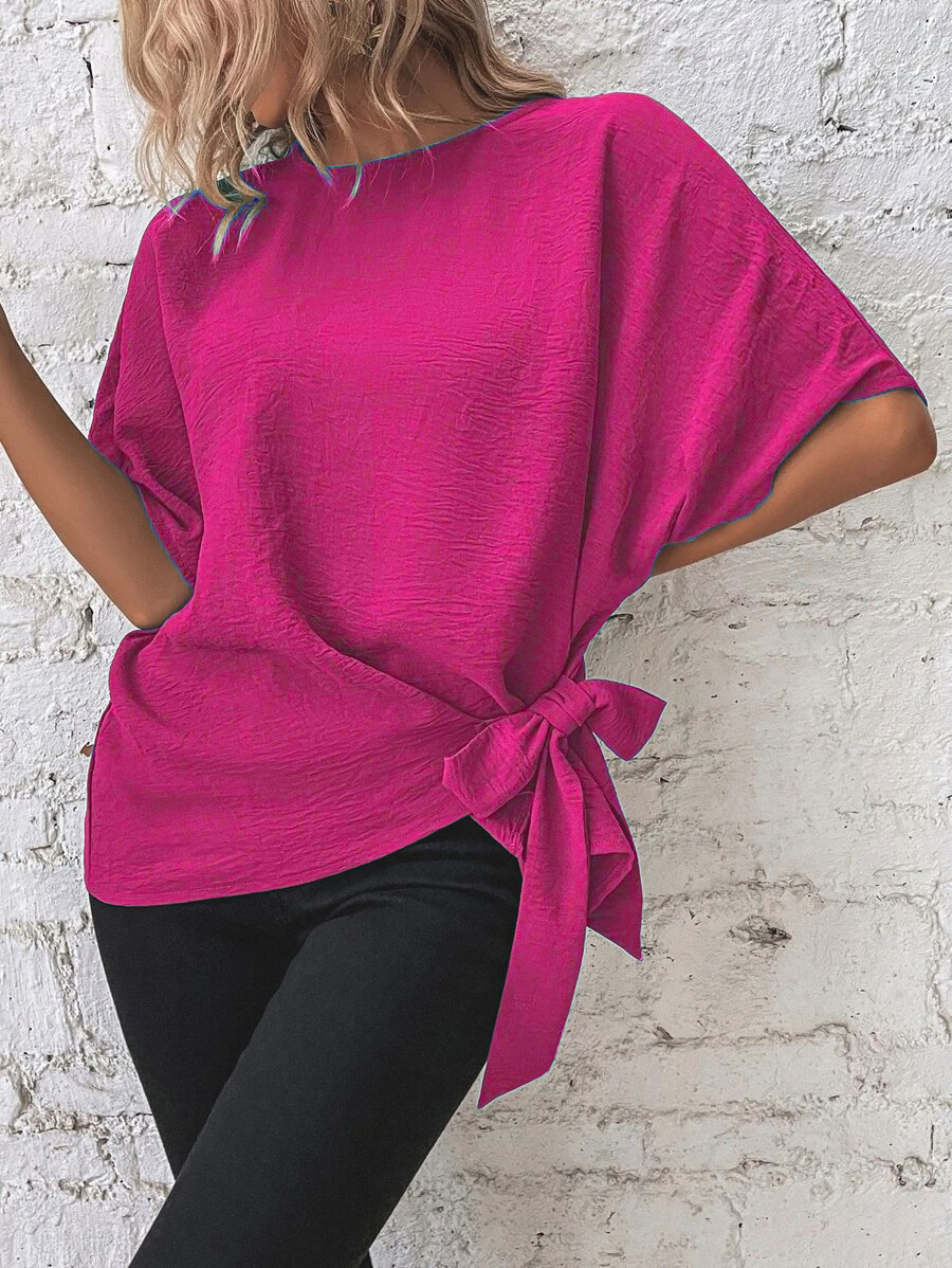 2025 European and American Cross-border Women's Summer New Solid Color Bat Sleeve Shirt Loose Casual Short Sleeve Commuter Top
