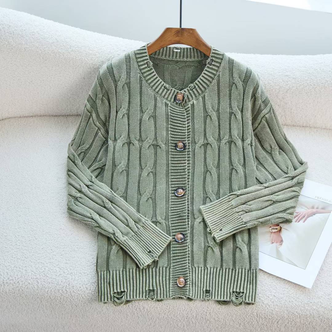 Coreano retro cuello redondo torcido de camisa de punto de mujer otoño y invierno nuevo estilo para hacer viejos agujeros suéter suelto chaqueta de mujer image 9