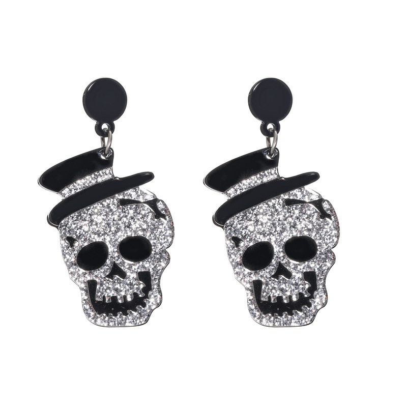 Nuevo Halloween brillante sombrero cráneo pendientes de acrílico pendientes de costura de personalidad de la moda pendientes