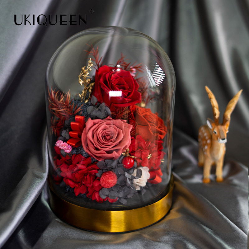 Base de oro rosa con cubierta de cristal para flor eterna, producto terminado, éxito de ventas transfronterizo en Amazon, decoración para el hogar, adorno de alta gama.