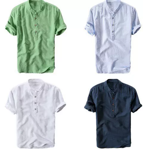 夏季旅游度假男休闲简约小清新亚麻衬衫夏季薄款纯色短袖休闲T恤