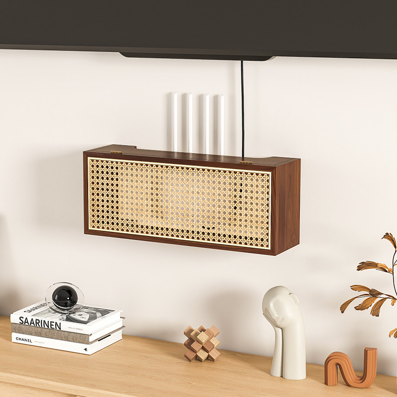 Estante de almacenamiento de madera maciza y ratán para enrutador wifi, soporte montado en la pared para decodificador de TV