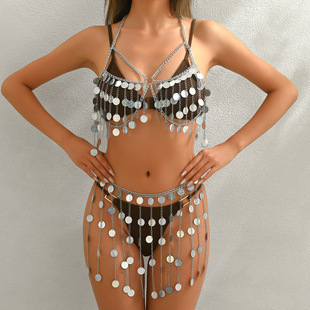 Fashion European and American Amazon Cross-Border Supply Gemstone Sequin Chain Halter Sexy Backless Vest for Women A0032