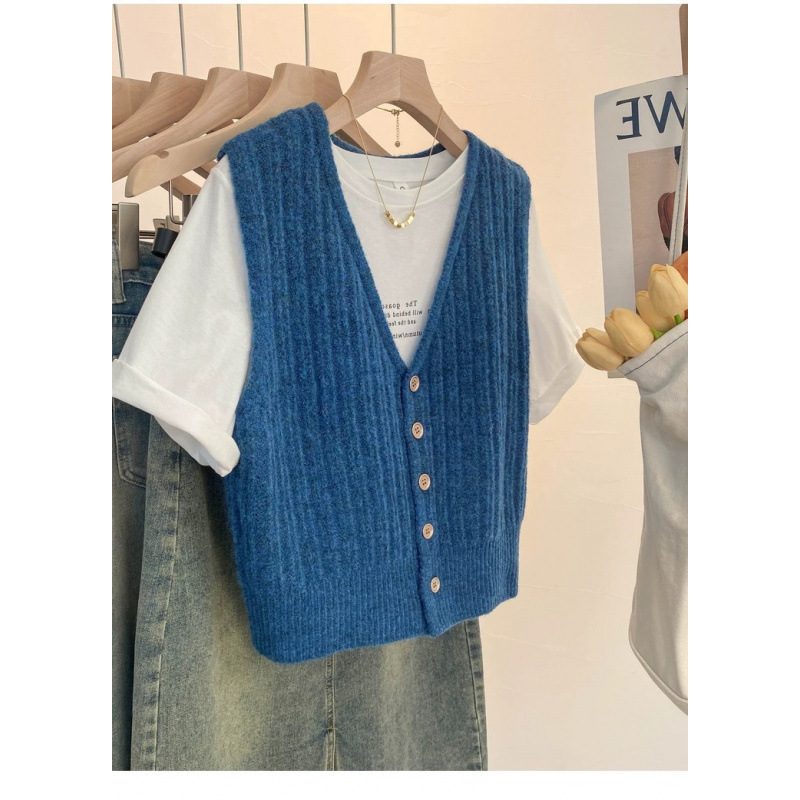 French Retro V-neck Knitted Vest Cardigan Women's Autumn and Winter Outer Wear Sleeveless Soft Waxy Sweater Vest Vest Literary Style French Retro V-neck Knitted Vest Cardigan Women's Autumn and Winter Outer Wear Sleeveless Soft Waxy Sweater Vest Vest Literary Style