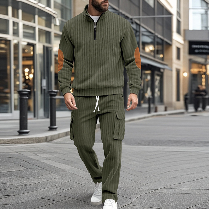 Men's Corduroy Quarter-Zip Pullover And Pants Set, Retro Textured Stand Collar Sweatshirt Outfit, Casual Fall Winter Lounge Two-Piece_voghion.com