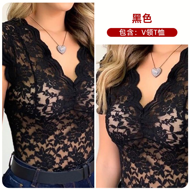 2024 deseo nuevo encaje con cuello en V camiseta sexy ver-a través de la parte superior B3067