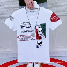 跨境柯余2025夏季新款帅气贴标时尚潮流新款男装修身青春帅气短袖