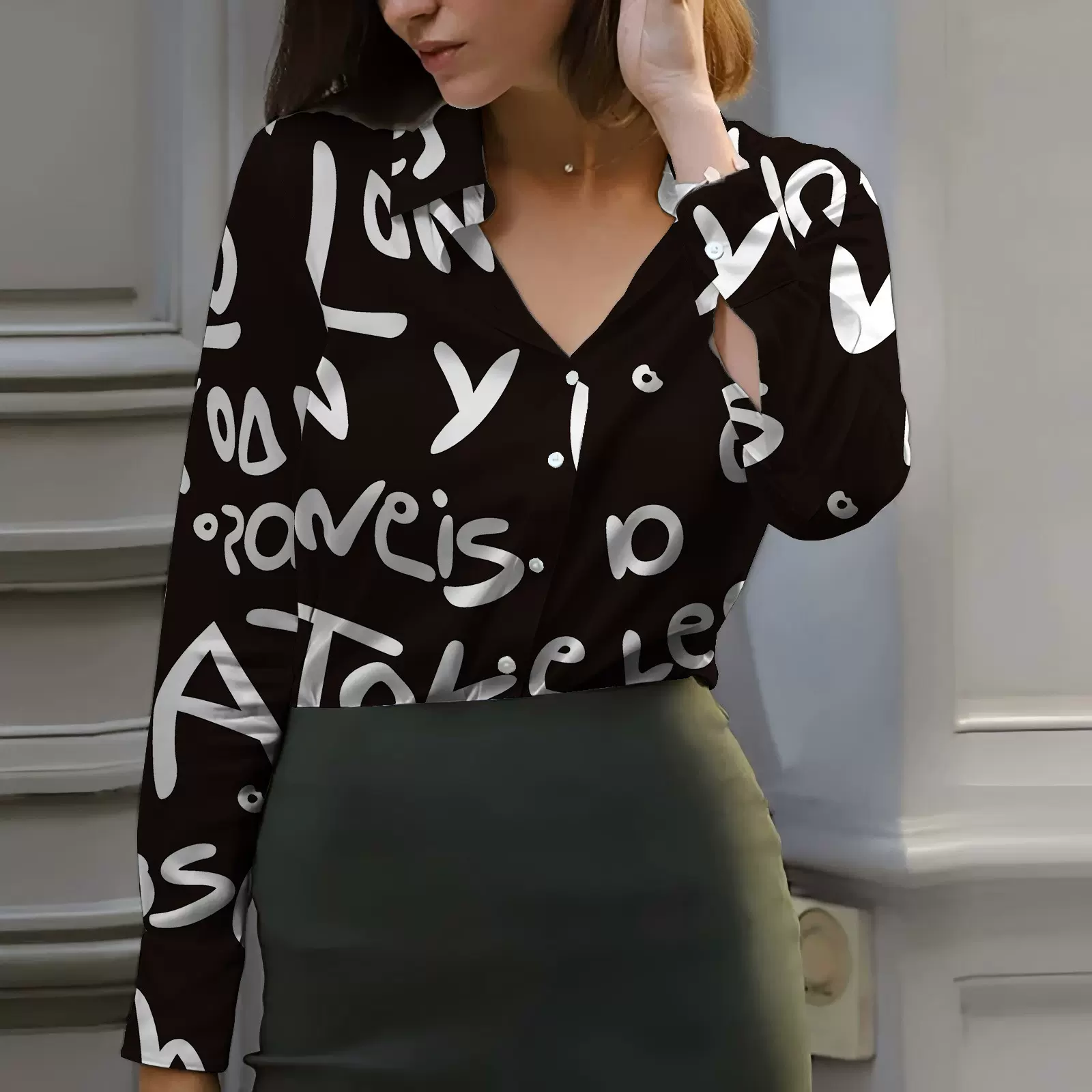 2024欧美跨境时尚衬衣气质优雅春秋长袖数码印花衬衫女装开衫上衣