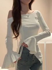 秋冬德绒喇叭袖露肩T恤女辣妹不规则设计感修身显瘦打底抽绳上衣