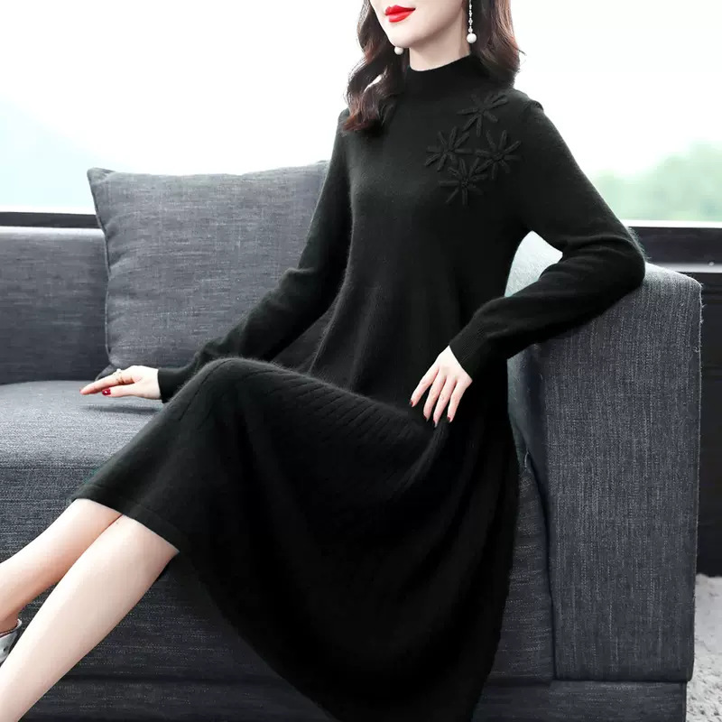 Branded Dress That Covers the Belly, Autumn and Winter Long Dress, Extended Version, Long Over-The-Knee Sweater, Mid-Length Wool Knit Dress Branded Dress That Covers the Belly, Autumn and Winter Long Dress, Extended Version, Long Over-The-Knee Sweater, Mid-Length Wool Knit Dress