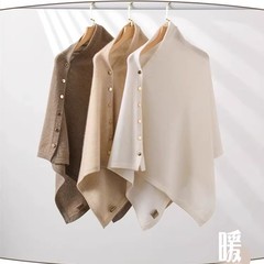 纯色大披肩女秋冬不规则斗篷针织围巾带扣开衫披风