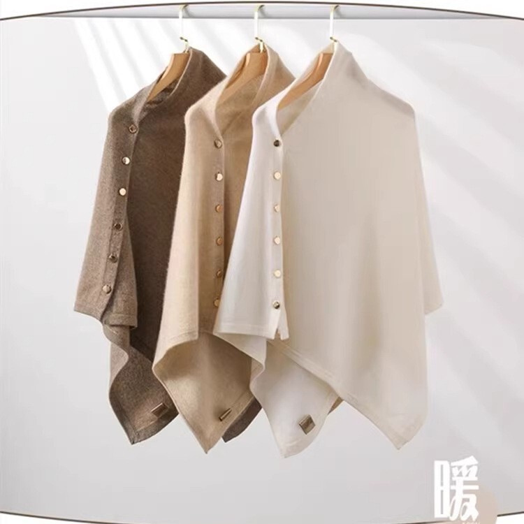 Solid Color Large Shawl Women's Autumn and Winter Irregular Cape Knitted Scarf with Buckle Cardigan Cape