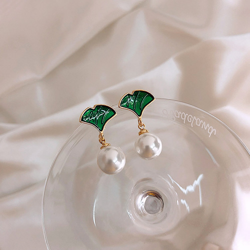 S925 Silver Needle Korean Ginkgo Green Leaf Pearl Earrings Women's Small Fresh Forest Girl Elegant Earrings Earrings