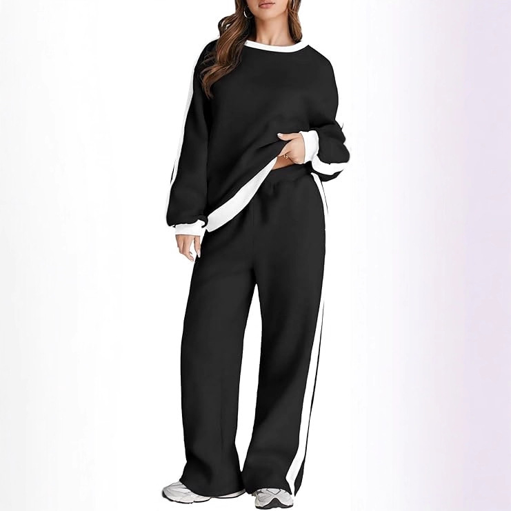 跨境2025秋季新品 女士拼色宽松休闲运动套装阔腿裤两件套