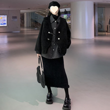 大码mm宽松套装女秋冬款牛仔拼接羊羔毛衬衫外套马甲半身裙三件套
