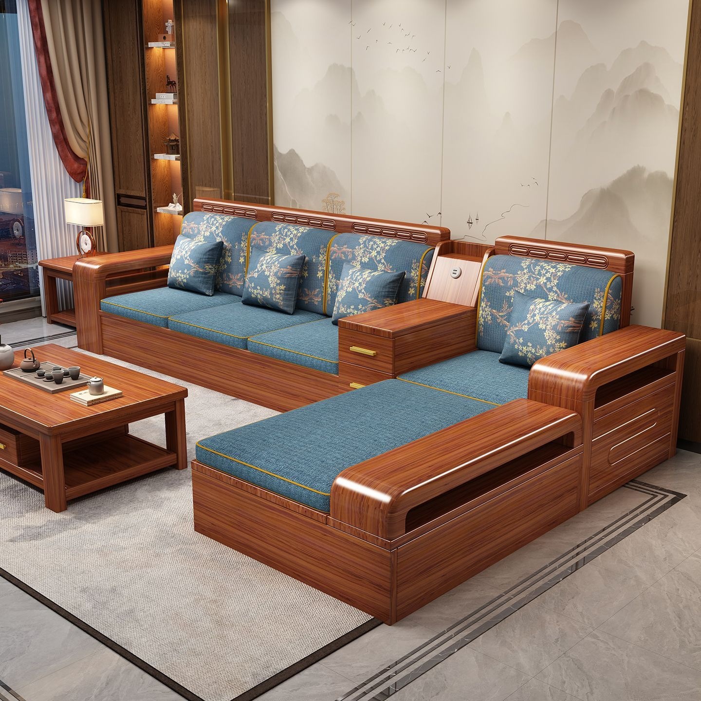 Chinese-style walnut wood solid wood sofa set, modern living room furniture for small apartments, suitable for both winter and summer, simple storage furniture