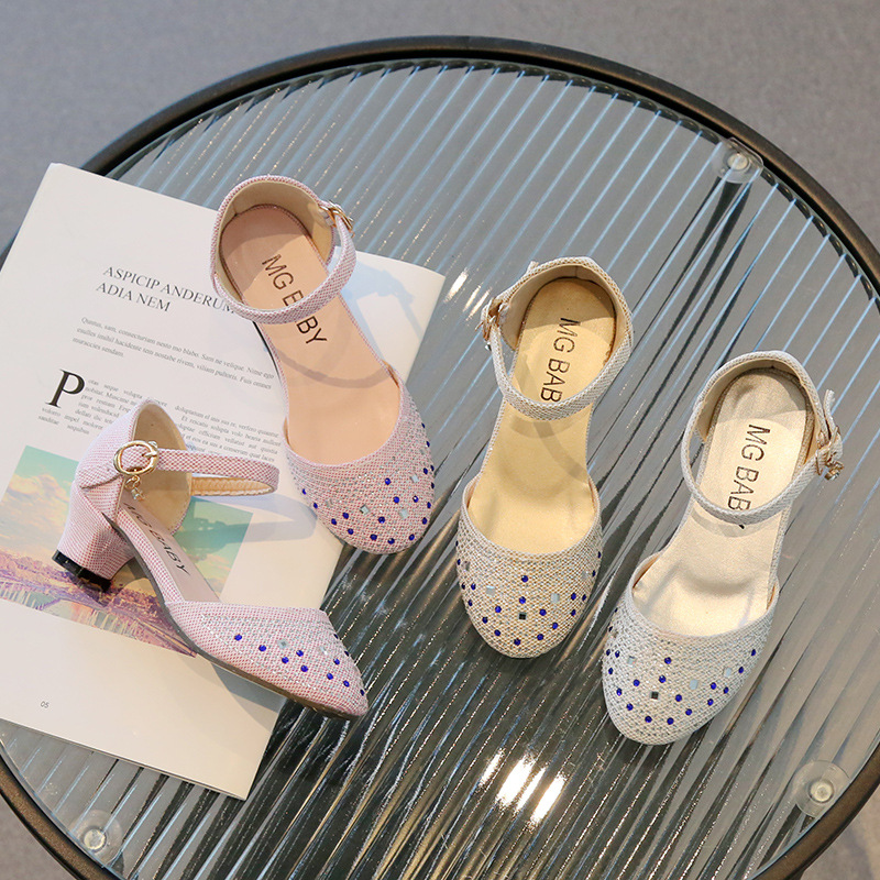 Rhinestone sequin girls high heels 2023 summer new little girl Roman fashion thick heeled sandals runway shoes_voghion.com