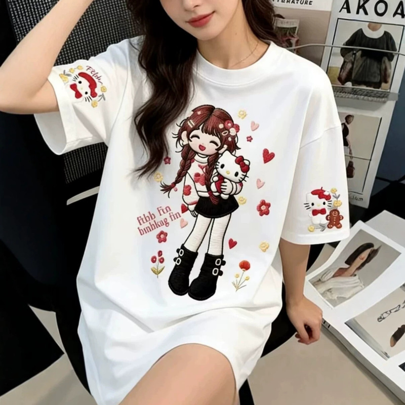 White Short-Sleeved T-Shirt for Women, New Summer Style, Cartoon Cute Girl, Imitation Embroidery Print, Loose Round Neck Top 2026
