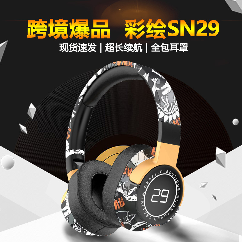 Cross-Border Popular Painted Sn29 Head-Mounted Bluetooth Headset Subwoofer Full-Ear Wireless Sports Headset Manufacturer