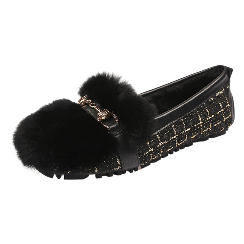 Zapatos de felpa de mujer ropa de invierno plana 2023 nuevos zapatos de guisantes con hebilla de diamantes de imitación zapatos de mujer de fondo suave con forro polar más el tamaño 41-43