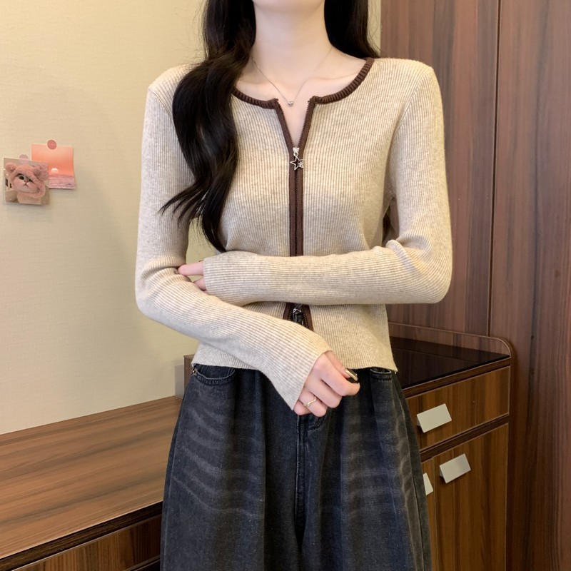 双拉链设计感撞色针织开衫女2025秋装新款内搭修身显瘦毛衣A6501|undefined
