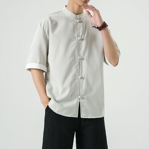 Summer Chinese-style menswear linen buttoned short-sleeve shirt mens five-sleeve Tang suit ancient style cotton linen Hanfu Zhongshan suit