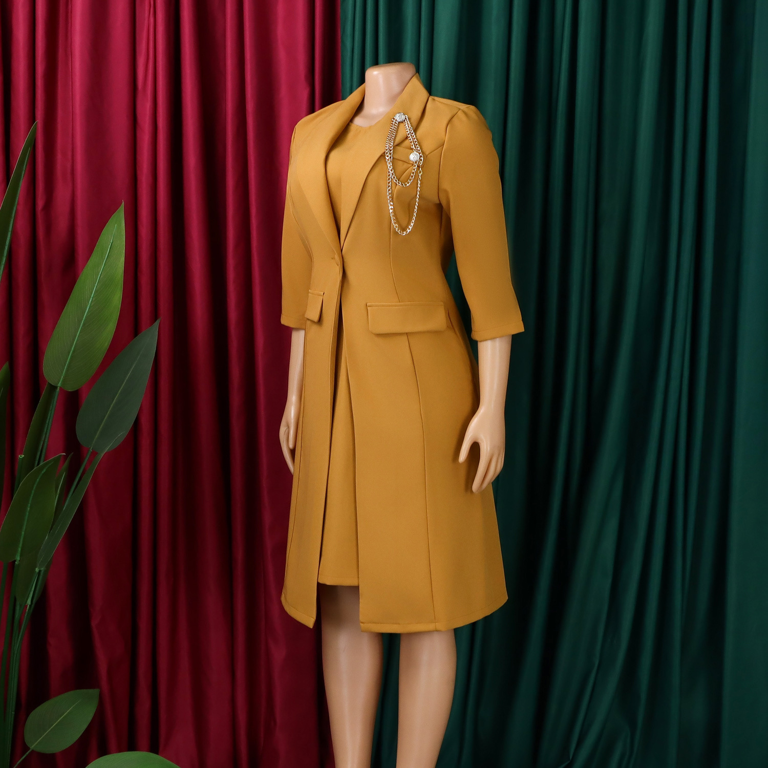 D610 European American Women's Elegant Stretch Slim Fit Solid Color Blazer And Camisole Dress Two-Piece African Fashion_ecoleips.com