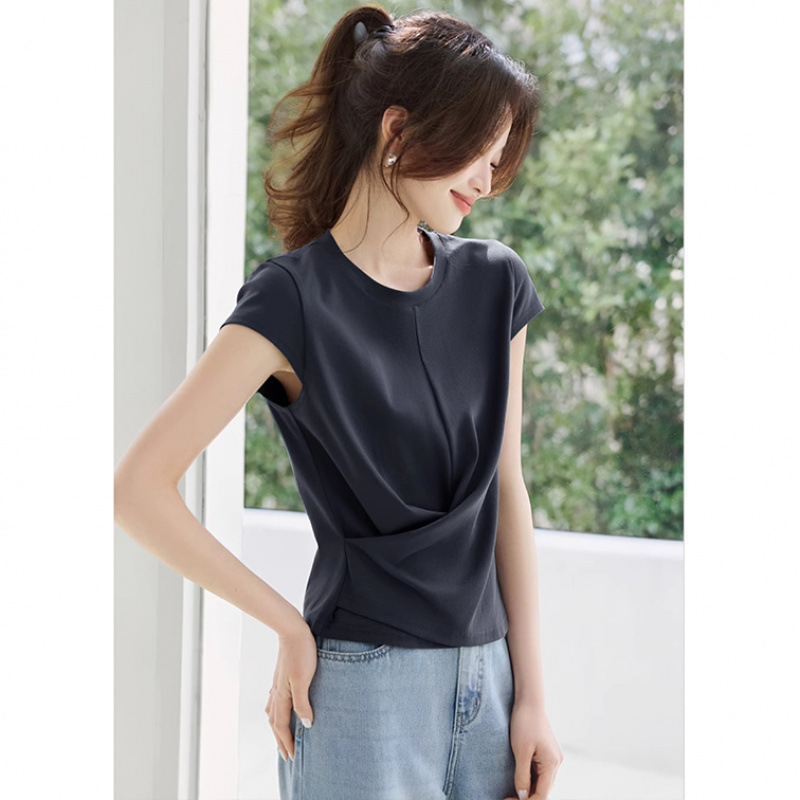 カジュアルデザイン不規則ツイスト半袖2025夏新作右肩スリムフィットTシャツ|undefined