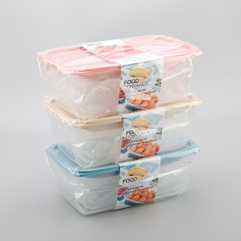 Refrigerador de plástico transparente rectangular de cuatro piezas caja de almacenamiento sellada combinación de caja de alimentos refrigerados para el hogar