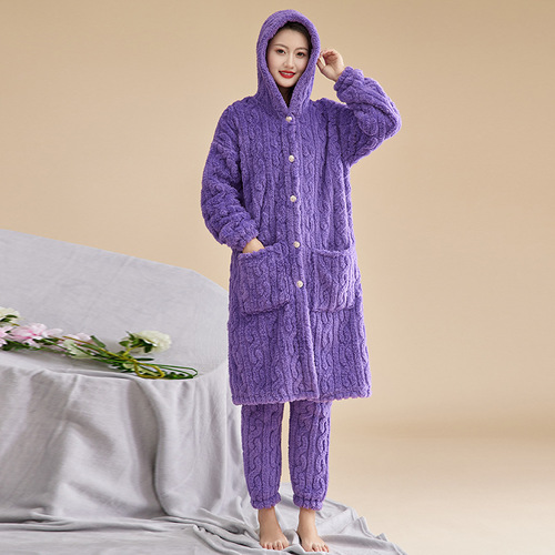 Women's Coral Fleece Pajama Set for Autumn/Winter - Embroidered Robe with Warm and Thick Design, Wearable at Home