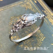 跨境Spoon Bangle仿古手工复古花卉雕刻勺子镀银手镯个性创意饰品