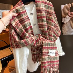 英伦百搭羊毛混纺格子围巾女冬季红绿条纹外搭披肩高级感保暖围脖
