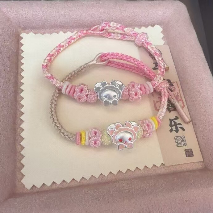 Pure Silver 999 Rabbit and Bear Hand-Woven Peach Blossom Bracelet, Adjustable Pure Hand-Woven Bracelet, the Best Gift for Your Best Friend Pure Silver 999 Rabbit and Bear Hand-Woven Peach Blossom Bracelet, Adjustable Pure Hand-Woven Bracelet, the Best Gift for Your Best Friend