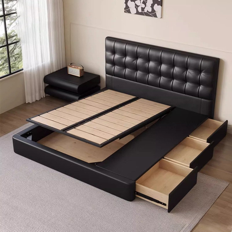 Camas de cuero minimalistas italianas, camas de waffle negras, cabezas de cama delgadas, camas laterales pequeñas, cajas altas con cajones, camas de almacenamiento
