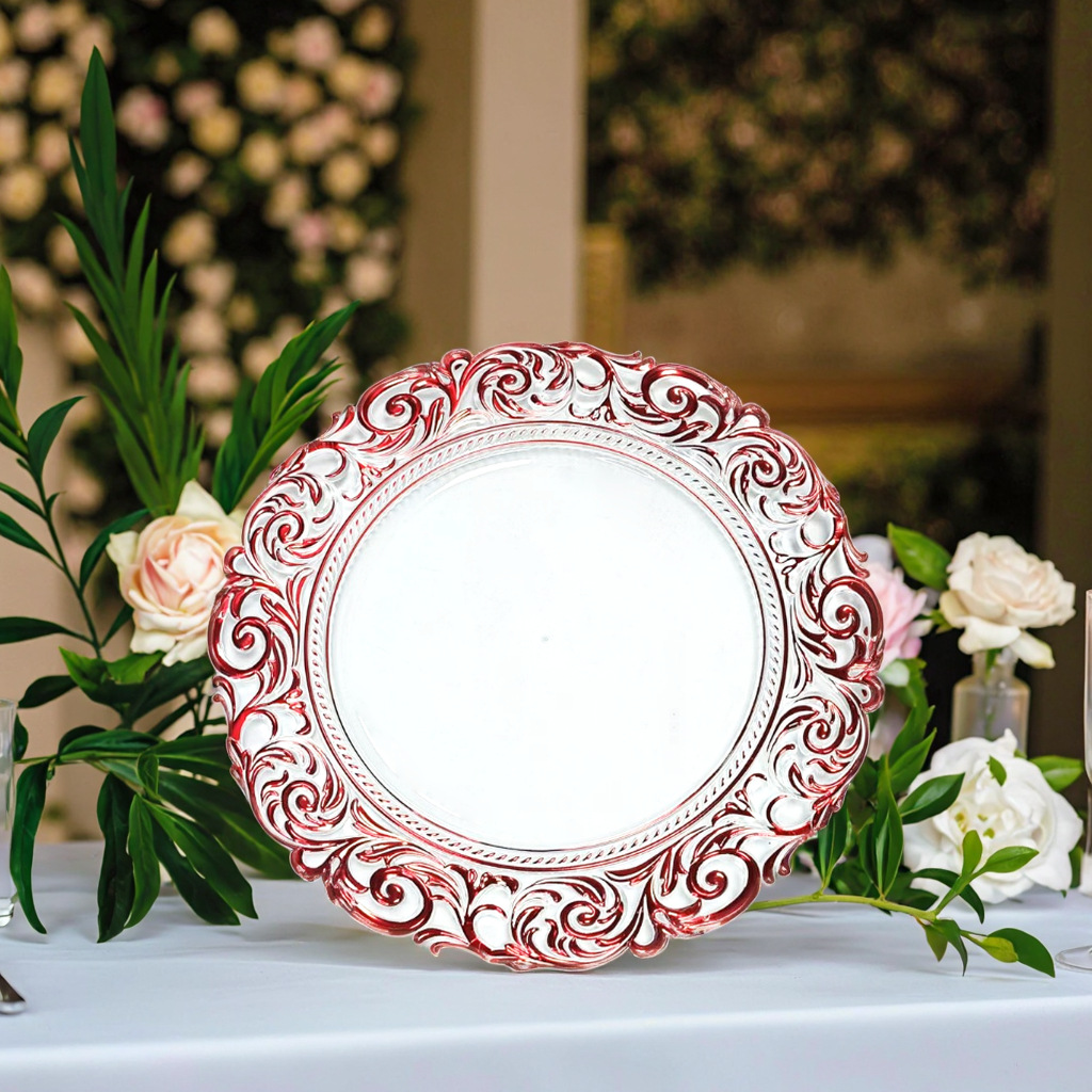 Fábrica directa de platos de banquete europeos platos de fiesta almohadilla de aislamiento térmico almohadilla de comedor occidental de fondo blanco borde rojo