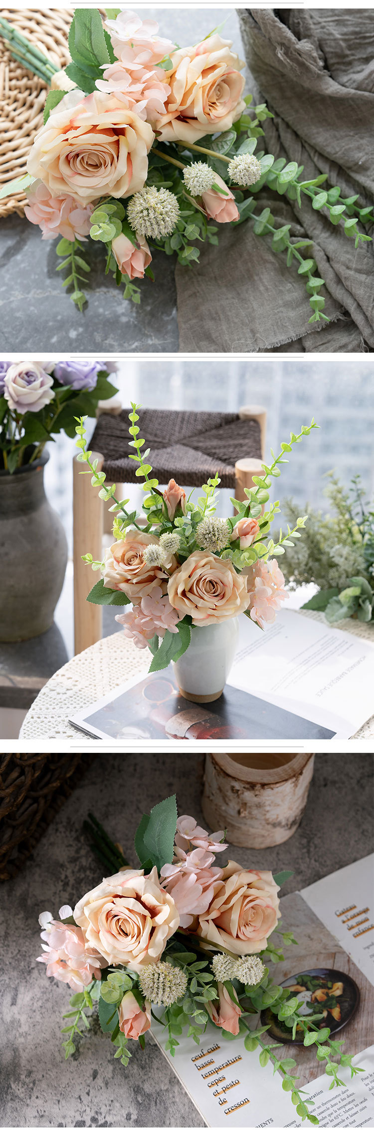 Jennifer rose eucalyptus bouquet design wedding hand-held bouquet wall decoration artificial flower rose _voghion.com