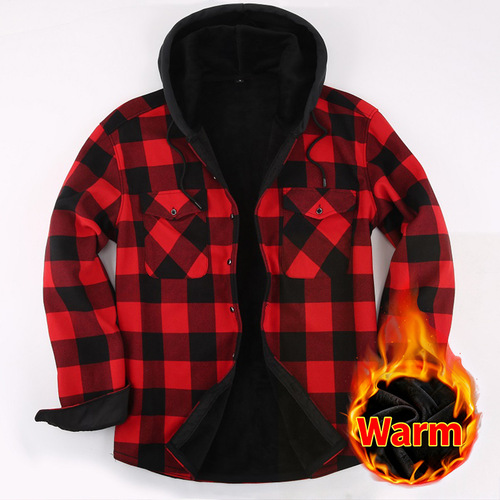 Amazon Autumn/Winter Fleece Lined Hooded Plaid Casual Plus Size Men's Long Sleeve Shirt Winter Warm Sweater Wholesale Shirt