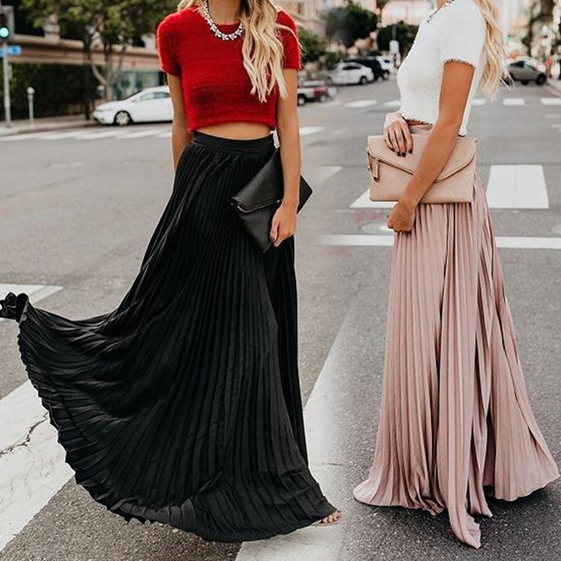 6083 # Spring New Fashion Pure Color Pleated Skirt for Women High Waist Elegant Elegant Floor-Length Skirt with Large Hem for Women